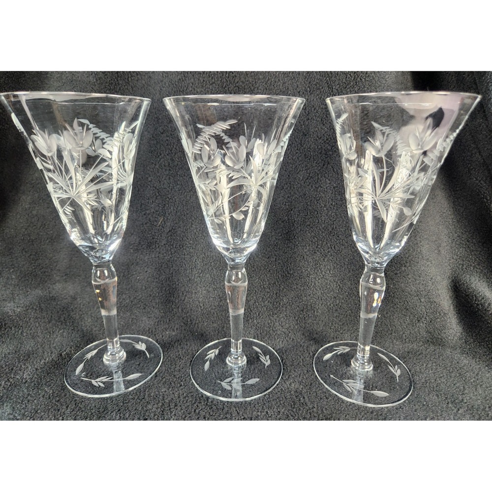 Morgantown Etched Clear Tall Water Wine Goblets Set Of 3